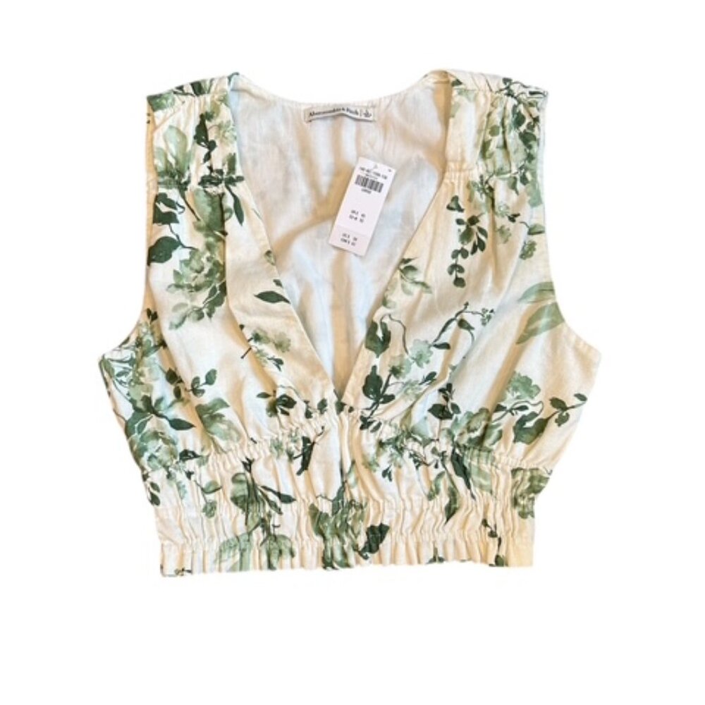 Abercrombie - Green & Cream Smocked Crop Sleeveless Blouse